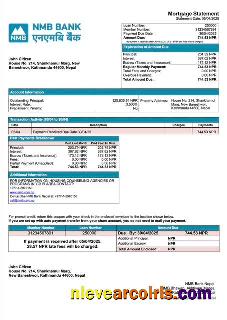 Nepal NMB Bank Nepal mortgage statement Word and PDF template